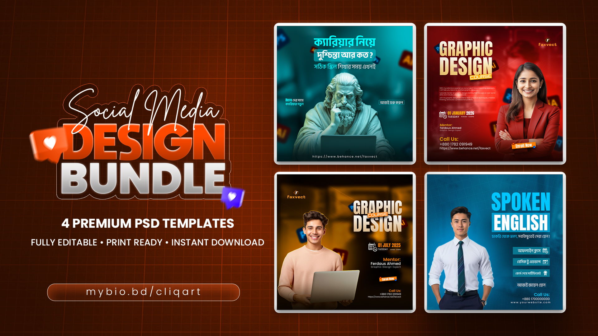 Social Media Design Bundle — 4 Premium PSD Templates | Fully Editable